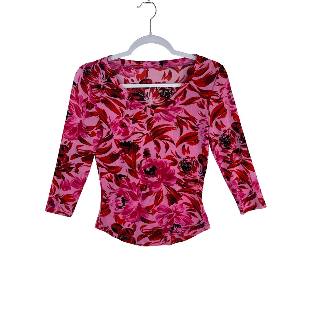 Guess Womens V-Neck Floral 3/4 Sleeve Top Pink Red Black Stretch Blouse